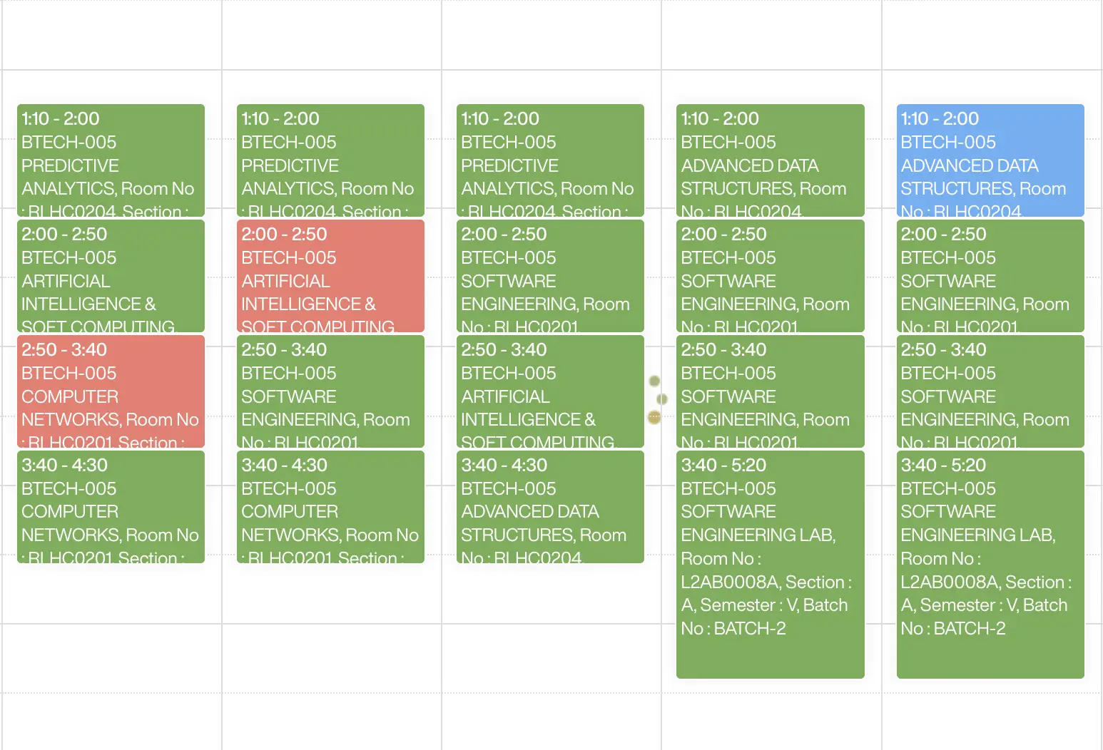 Color coded timetable